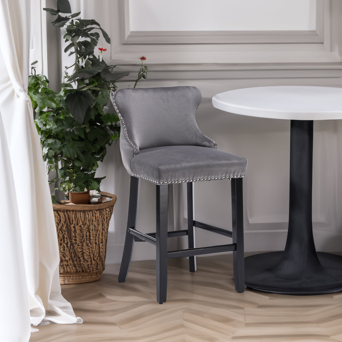 Velvet Wingback Bar Stool Set (2 pcs) – Gray
