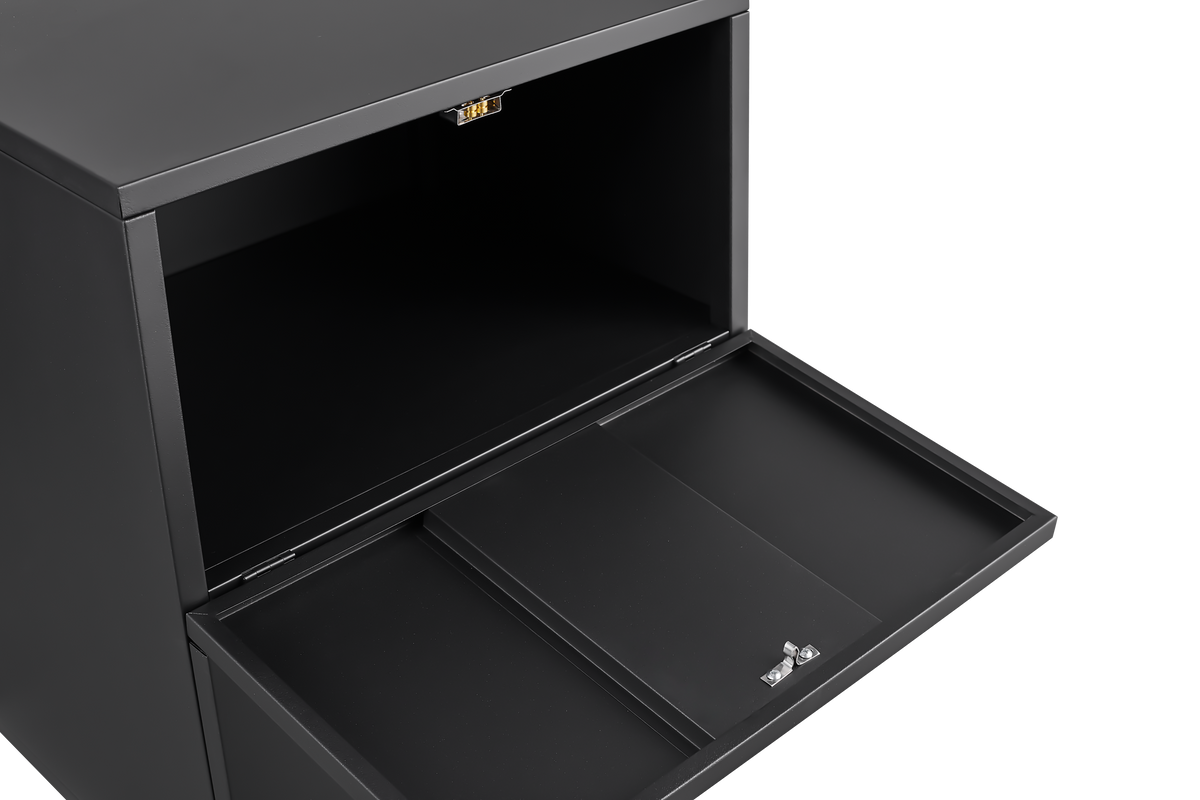 Black Mobile Copier Cabinet – 2-Door Steel File & Printer Stand with Locking Wheels