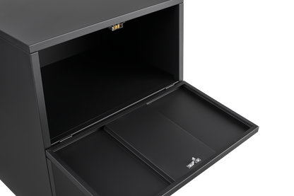 Black Mobile Copier Cabinet – 2-Door Steel File & Printer Stand with Locking Wheels