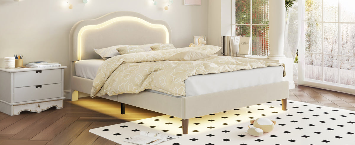 Beige Velvet LED Bed Frame