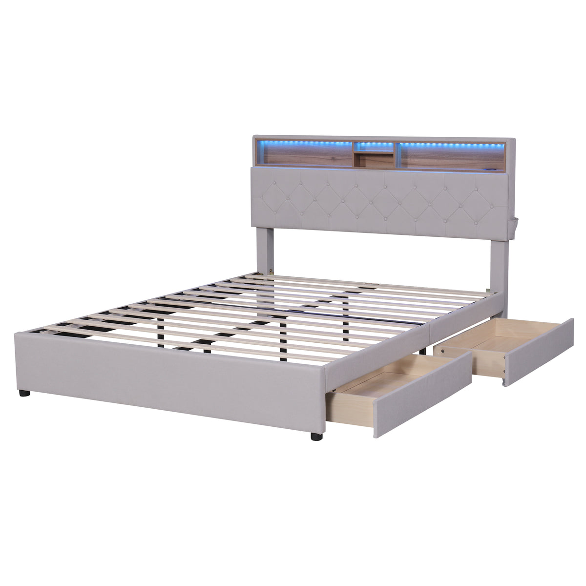 Queen LED Upholstered Storage Bed – Beige