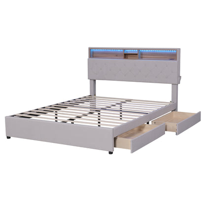 Queen LED Upholstered Storage Bed – Beige