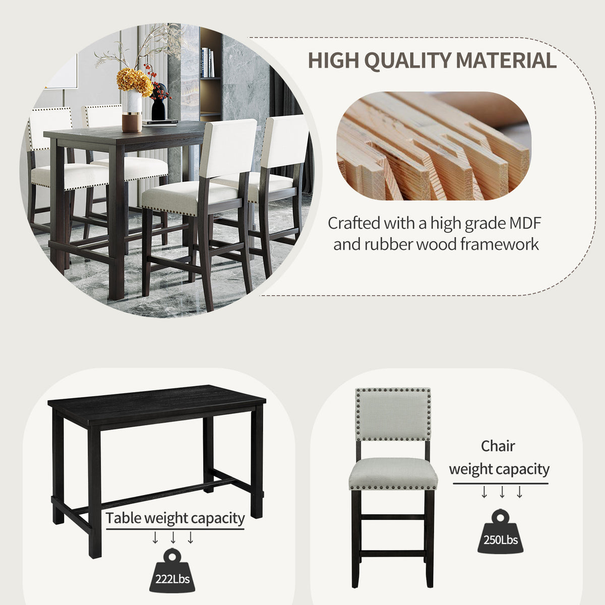 Espresso 5-Piece Counter Height Dining Set – Solid Wood Table with Upholstered Chairs