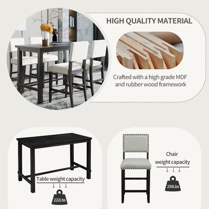 Espresso 5-Piece Counter Height Dining Set – Solid Wood Table with Upholstered Chairs