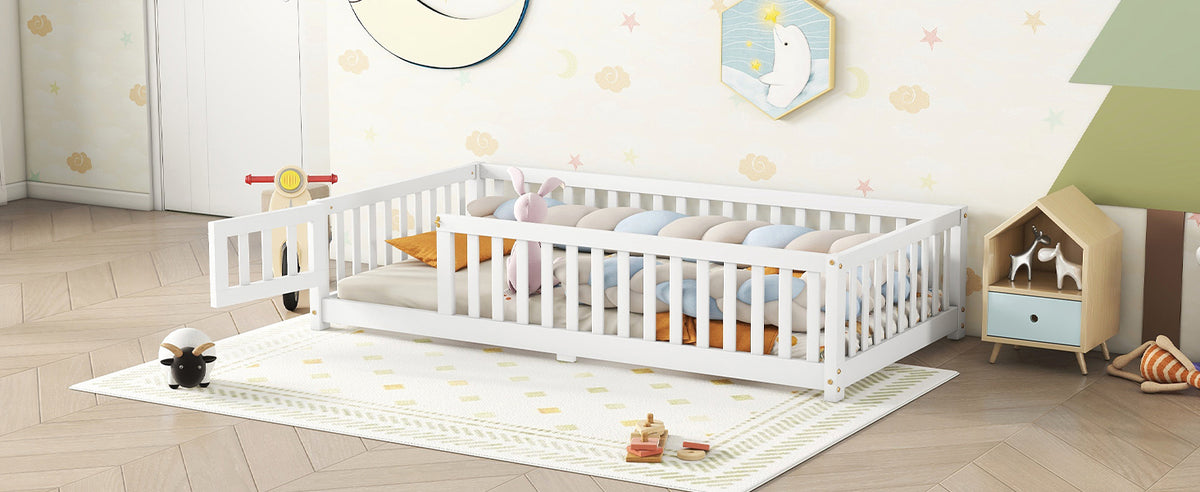Twin Floor Bed with Guardrails White