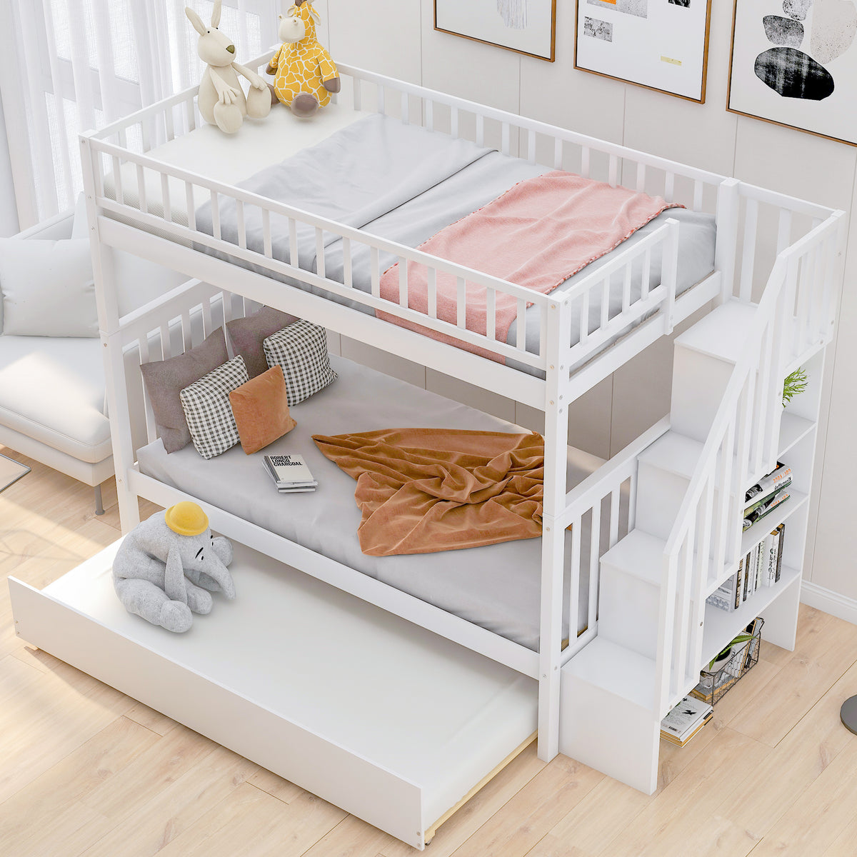 Twin Bunk Bed with Trundle White