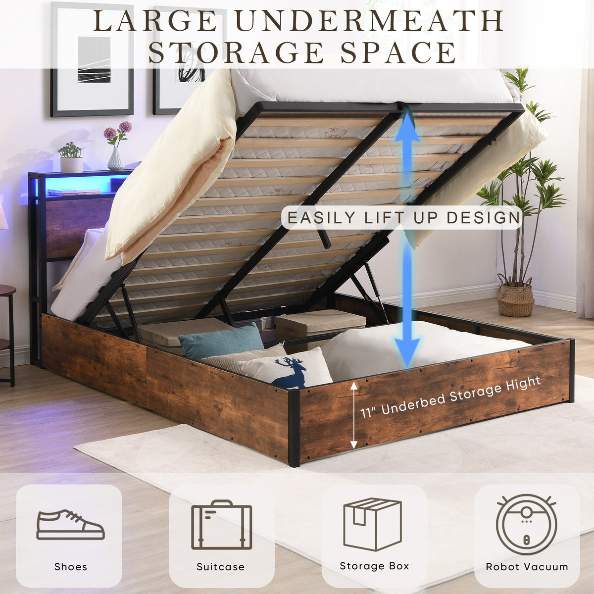 Elevating Platform Bed with LED Headboard Brown