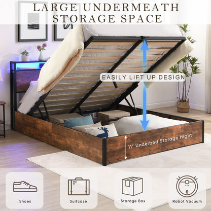Elevating Platform Bed with LED Headboard Brown