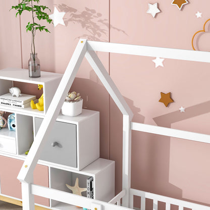 Full Wooden Bed with House Roof Frame White