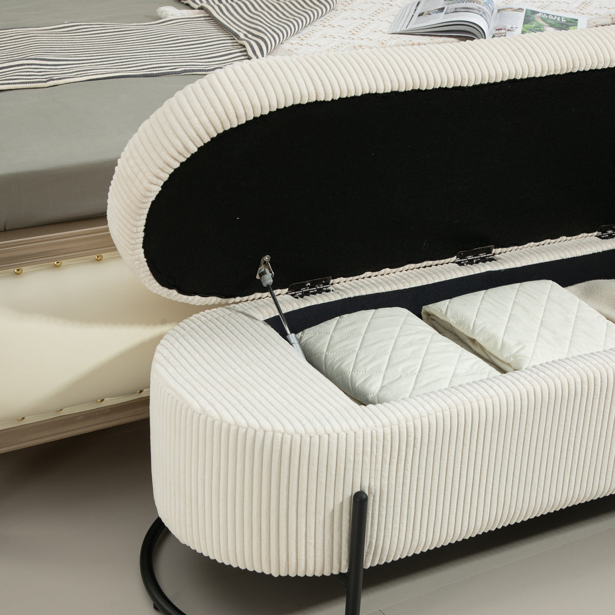 Storage Ottoman Stool – Beige Fabric