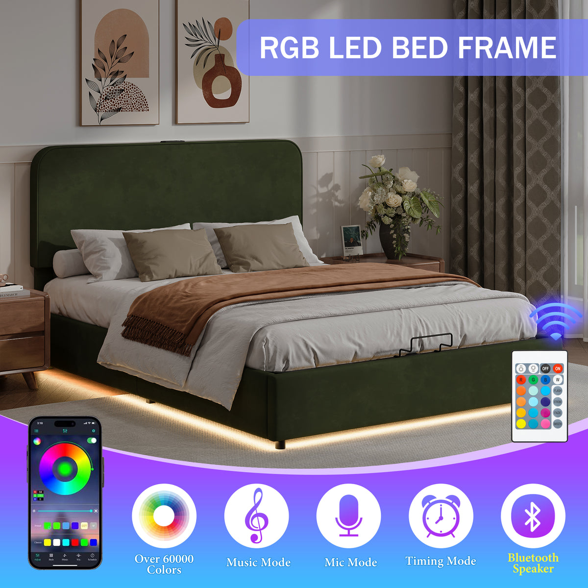 Hydraulic Storage Bed with LED Lights Green