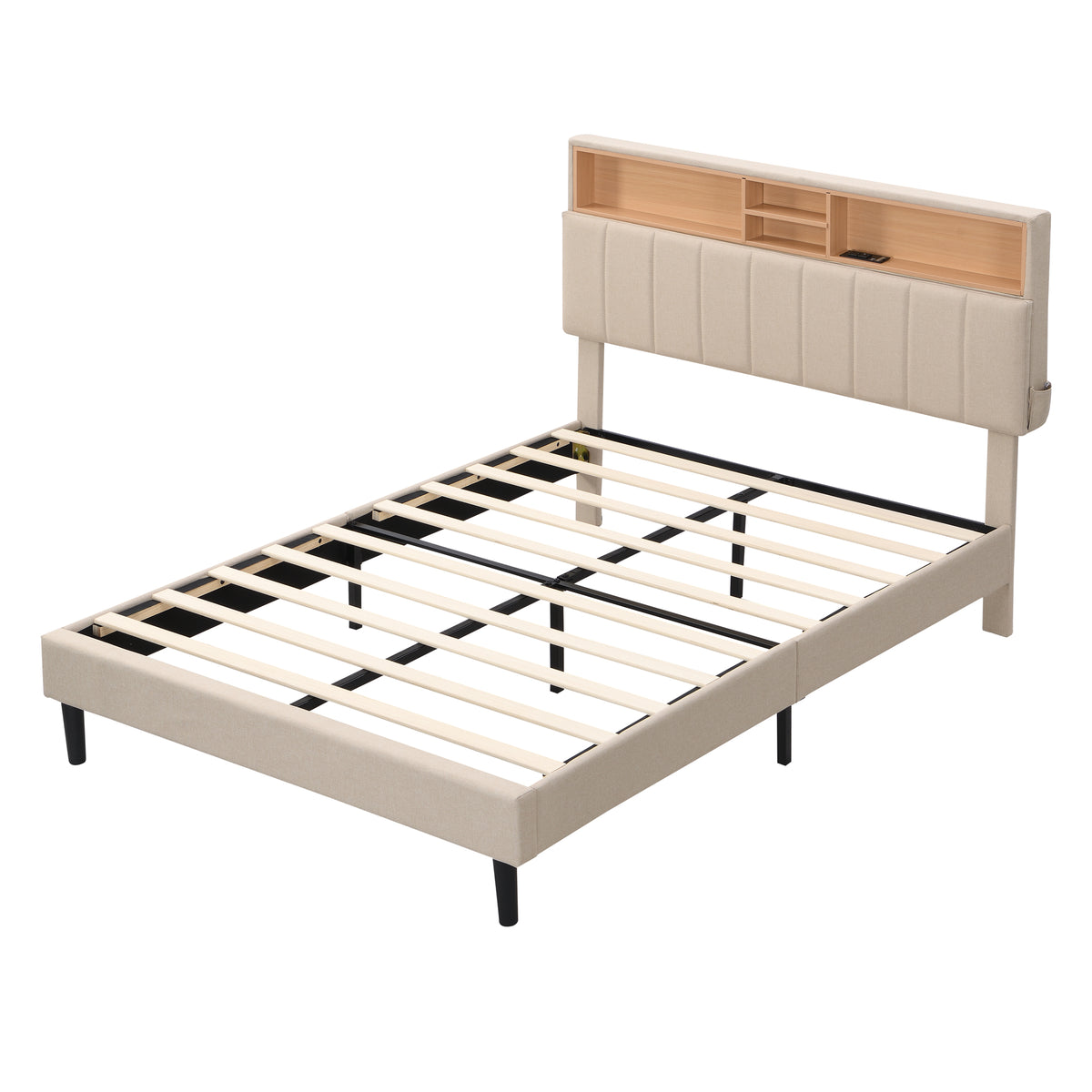 Full Upholstered Storage Bed – Beige Linen