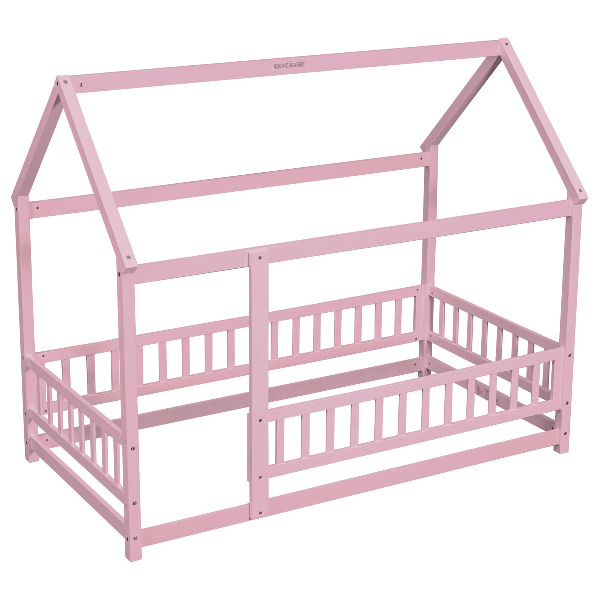 Twin Floor Bed with Fence Guardrails Pink