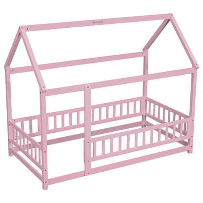 Twin Floor Bed with Fence Guardrails Pink