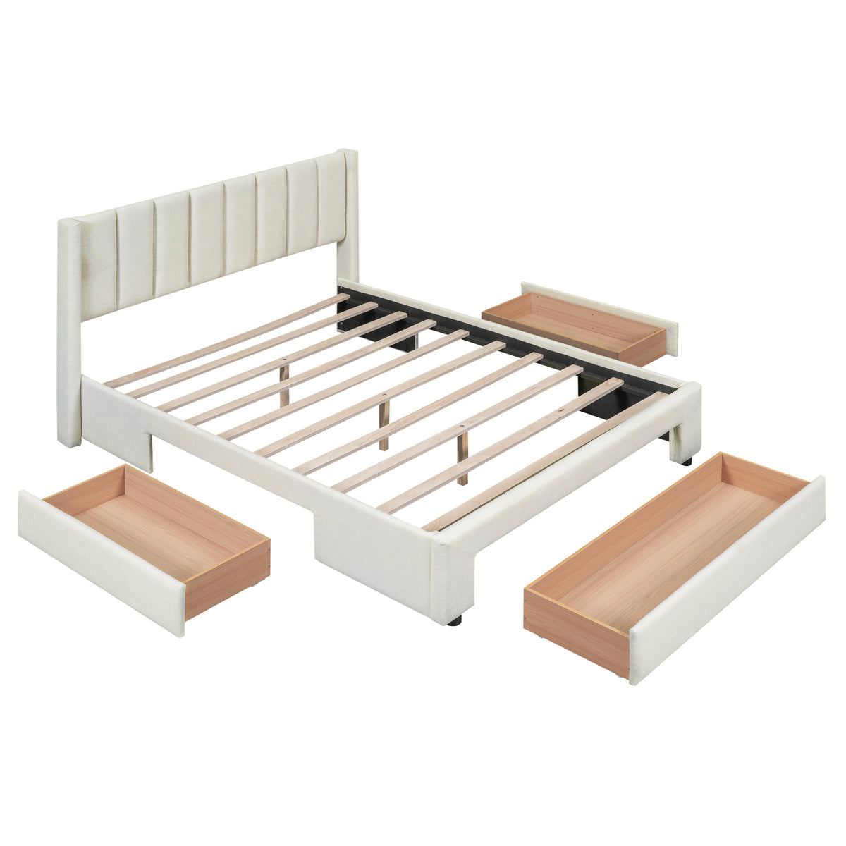 Upholstered Platform Bed with Drawers Beige
