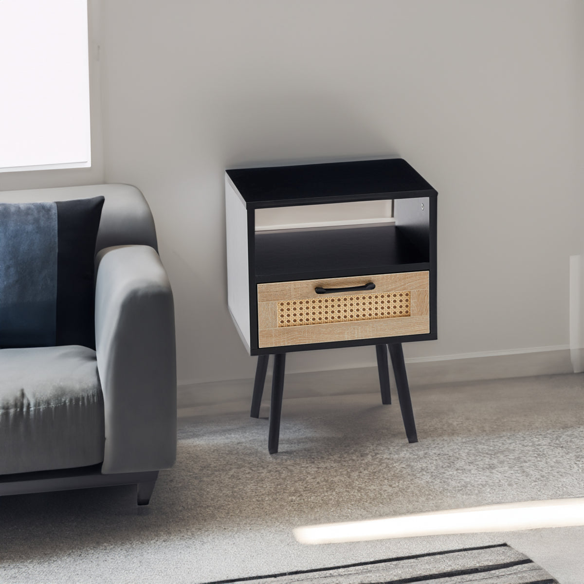 Rattan End Table with Drawer Black