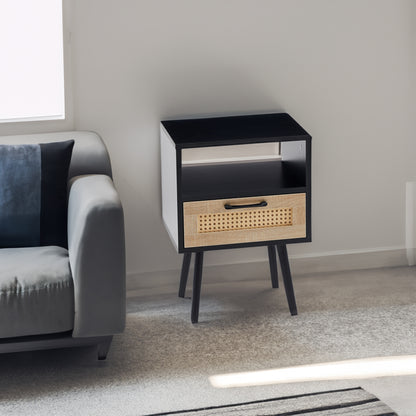 Rattan End Table with Drawer Black
