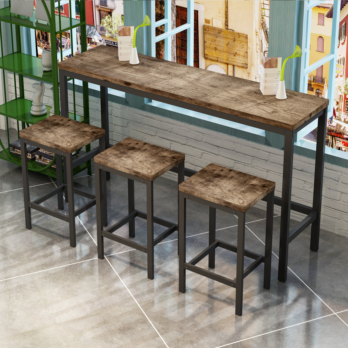 Modern Pub Dining Table with 3 Stools Natural Finish