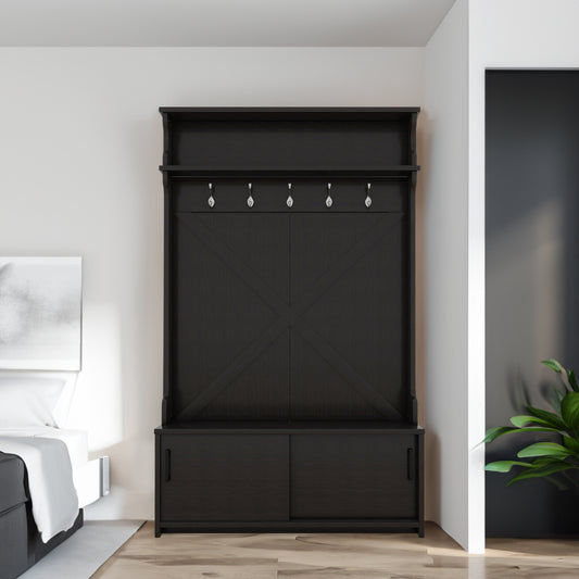 Hall Tree with Sliding Door and Hooks Black