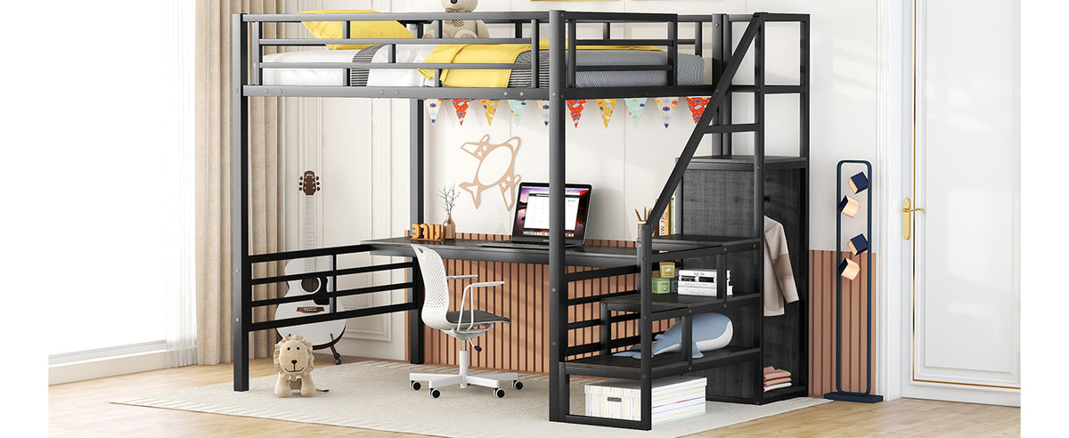 Full Metal Loft Bed with Desk Black