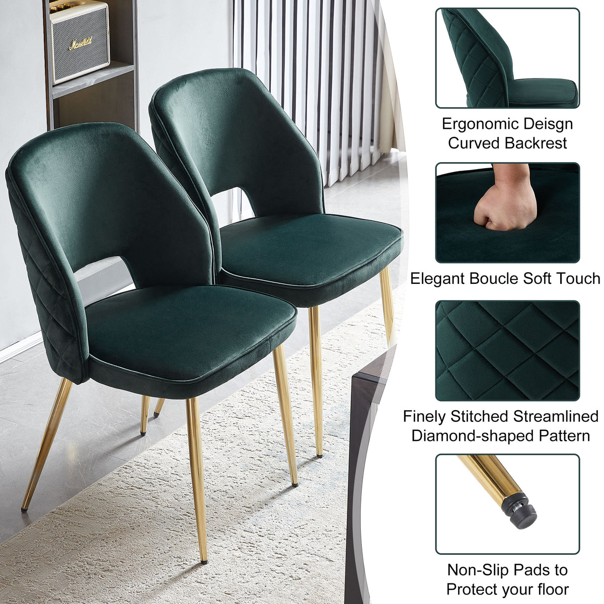 Emerald Velvet Dining Chair Set (4 pcs) – Gold Legs