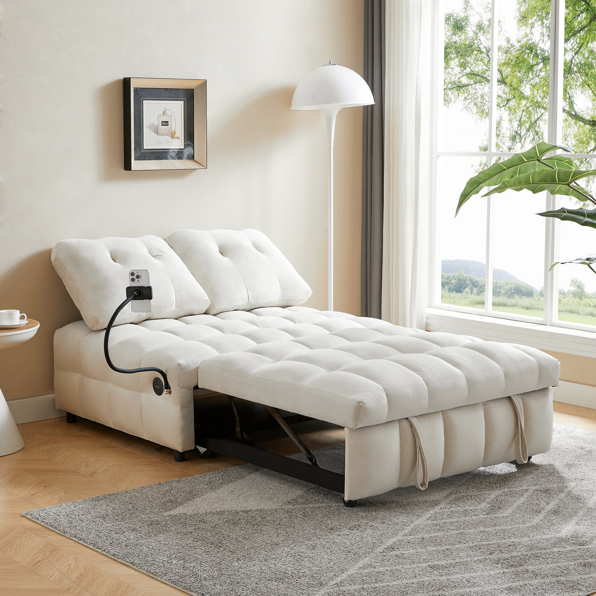 Velvet Sofa Bed with Storage – Beige