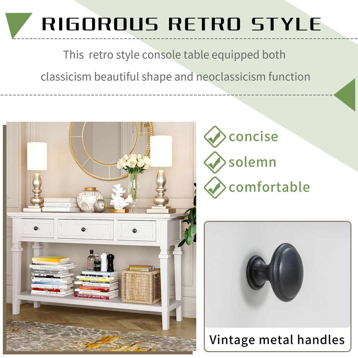 White Wood Console Table with Drawers