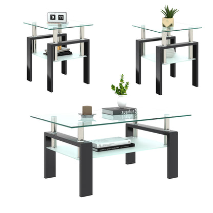 Glass Coffee Table Set (2 pcs) – Black Frame