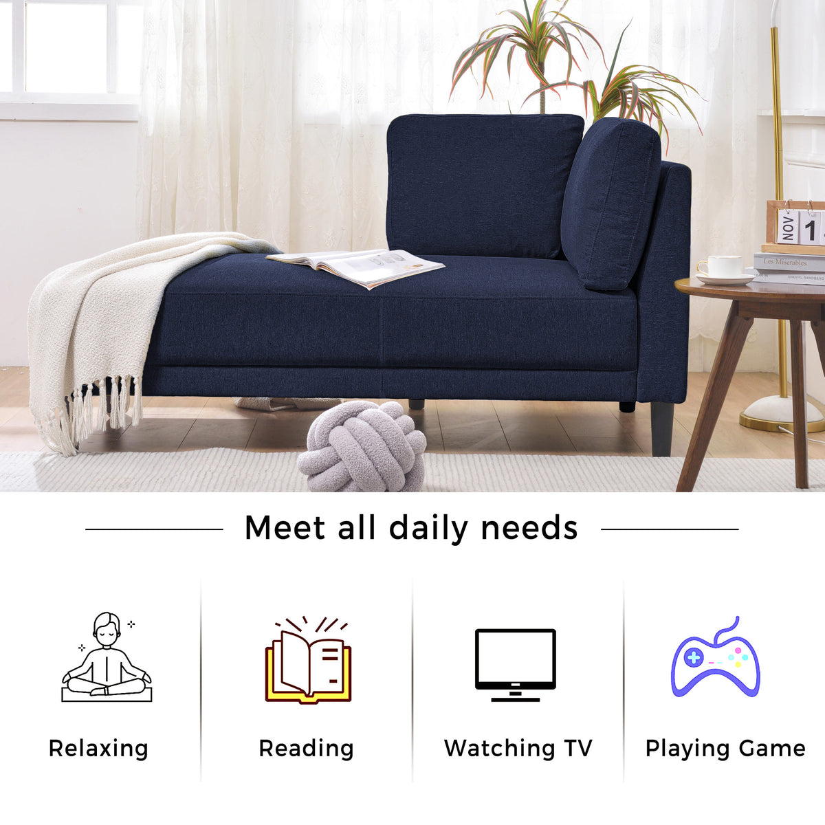 Mid-Century Linen Chaise Lounge – Blue