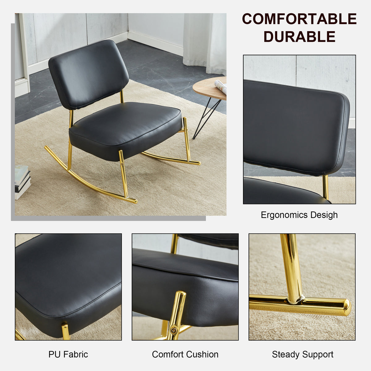 PU Leather Rocking Chair – Gold Metal Legs