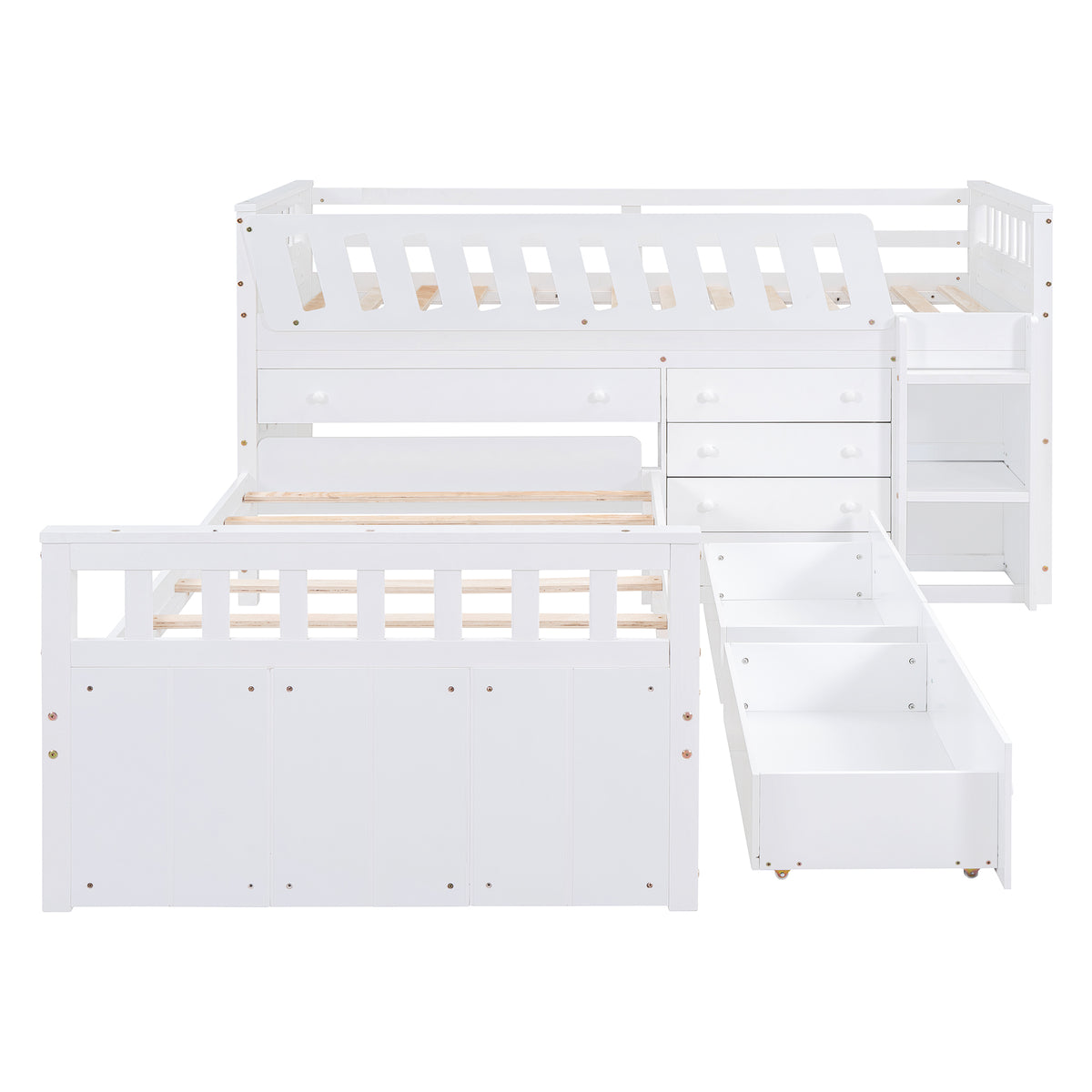 L-Shaped Twin Loft Bed with Storage White