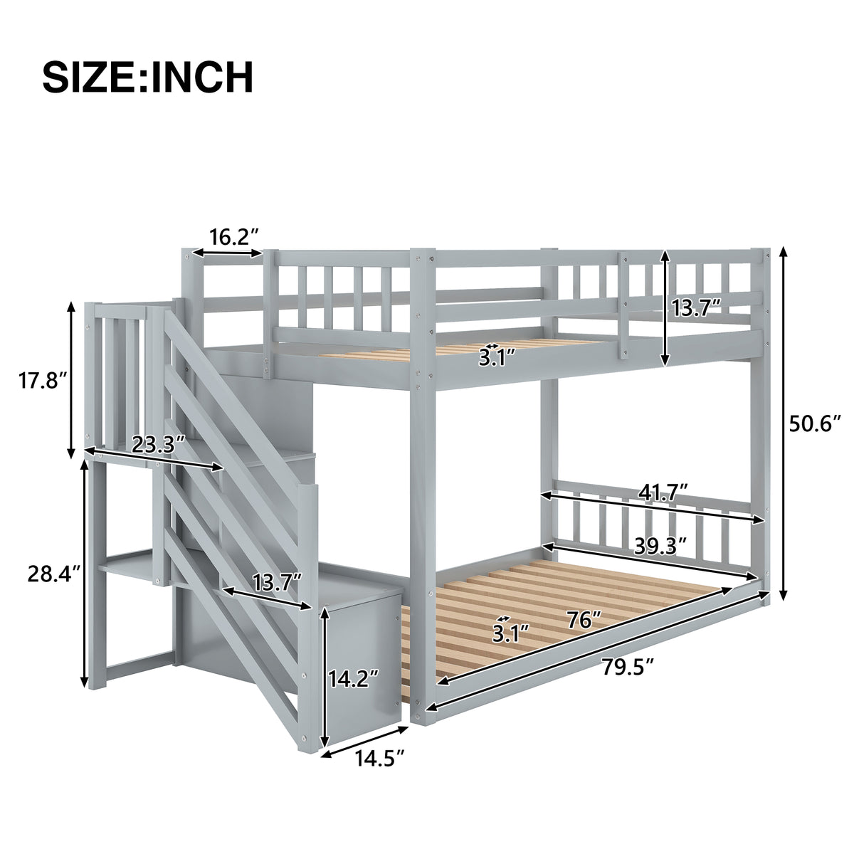 Twin Floor Bunk Bed with Ladder Gray