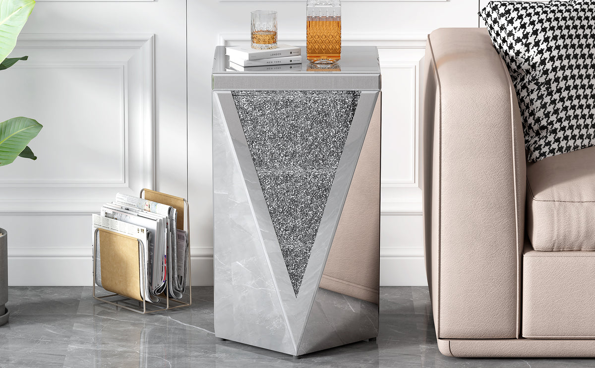 Silver Mirrored End Table with Crushed Diamond Base