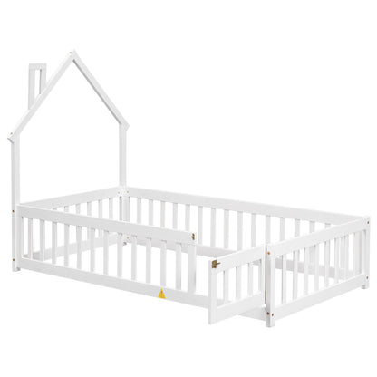 Twin Floor Bed with Fence – White Finish
