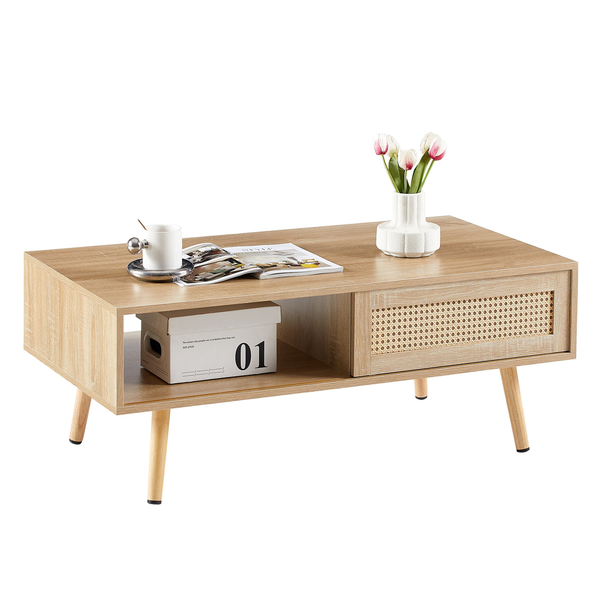 Rattan Coffee Table with Sliding Door Storage