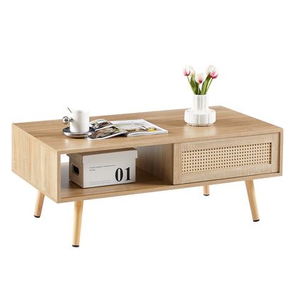Rattan Coffee Table with Sliding Door Storage