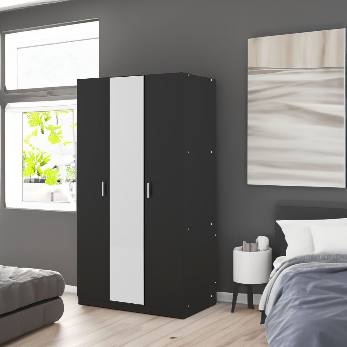 3-Door Wardrobe with Mirror Black