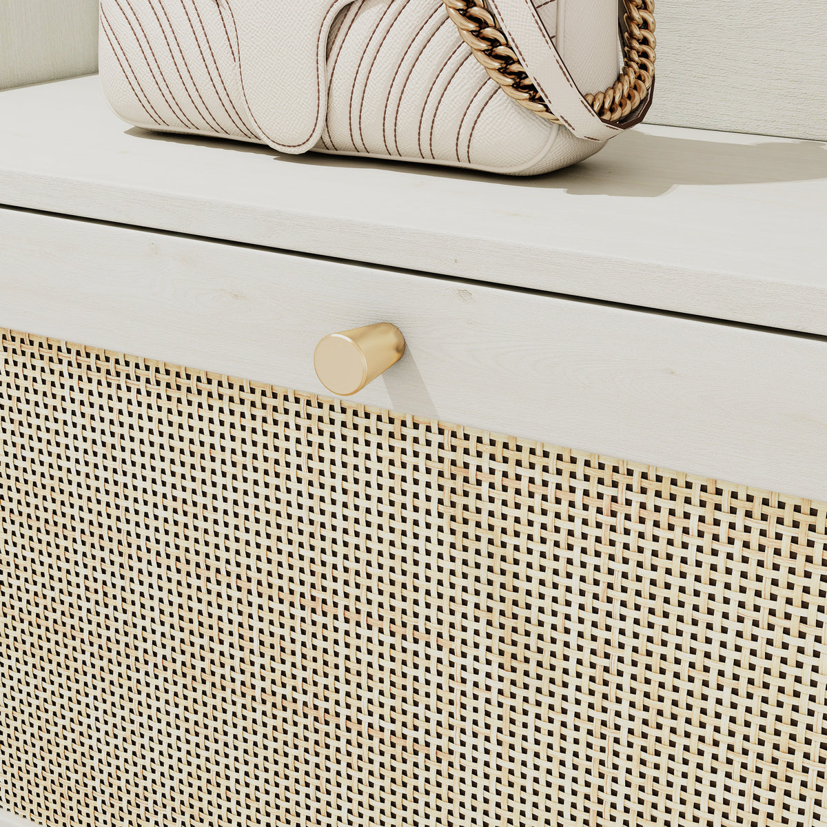 Bohemian Shoe Cabinet with Rattan Shelves White