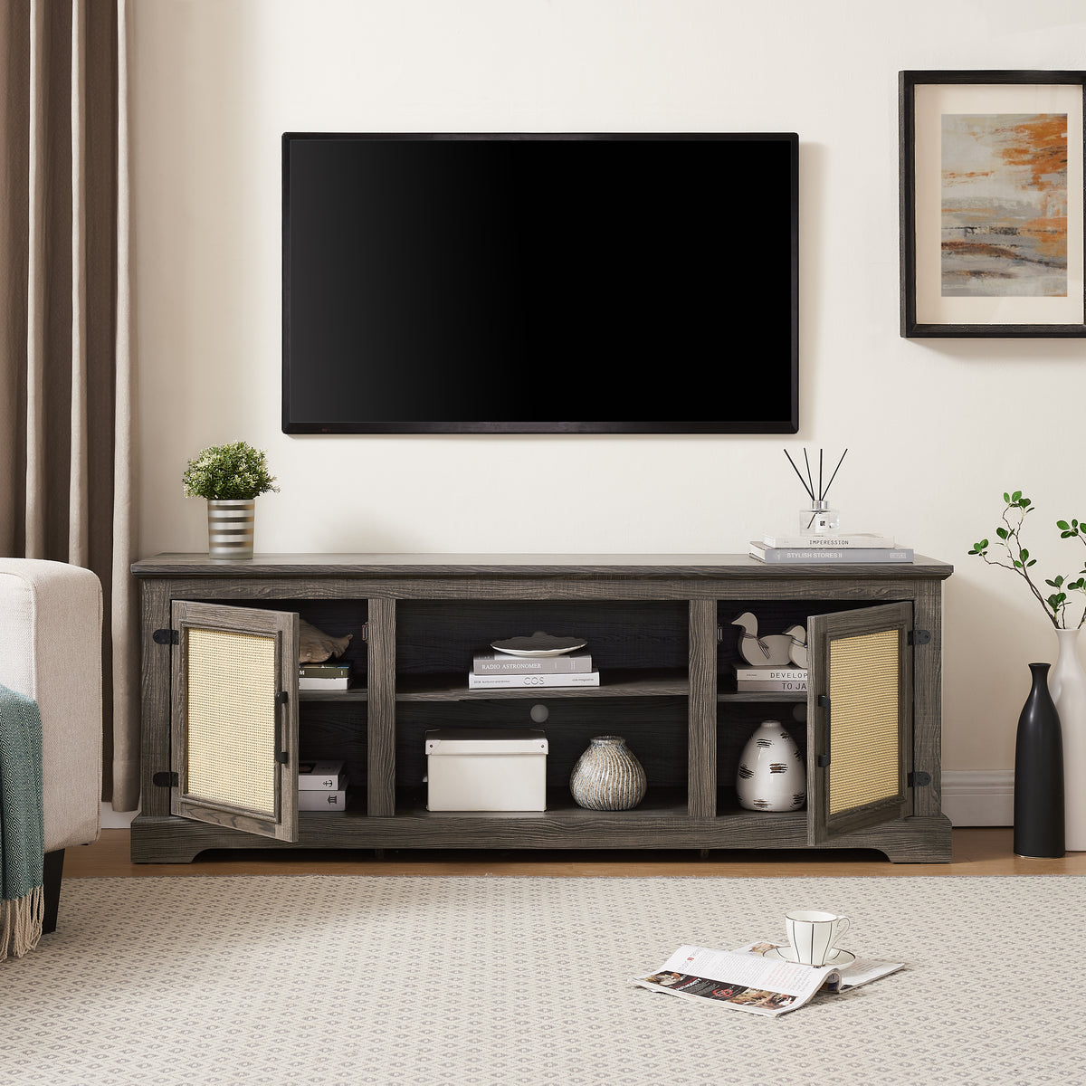 Rattan TV Stand Gray