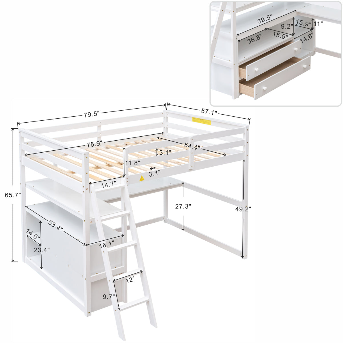 Full Loft Bed with Desk and Drawers White
