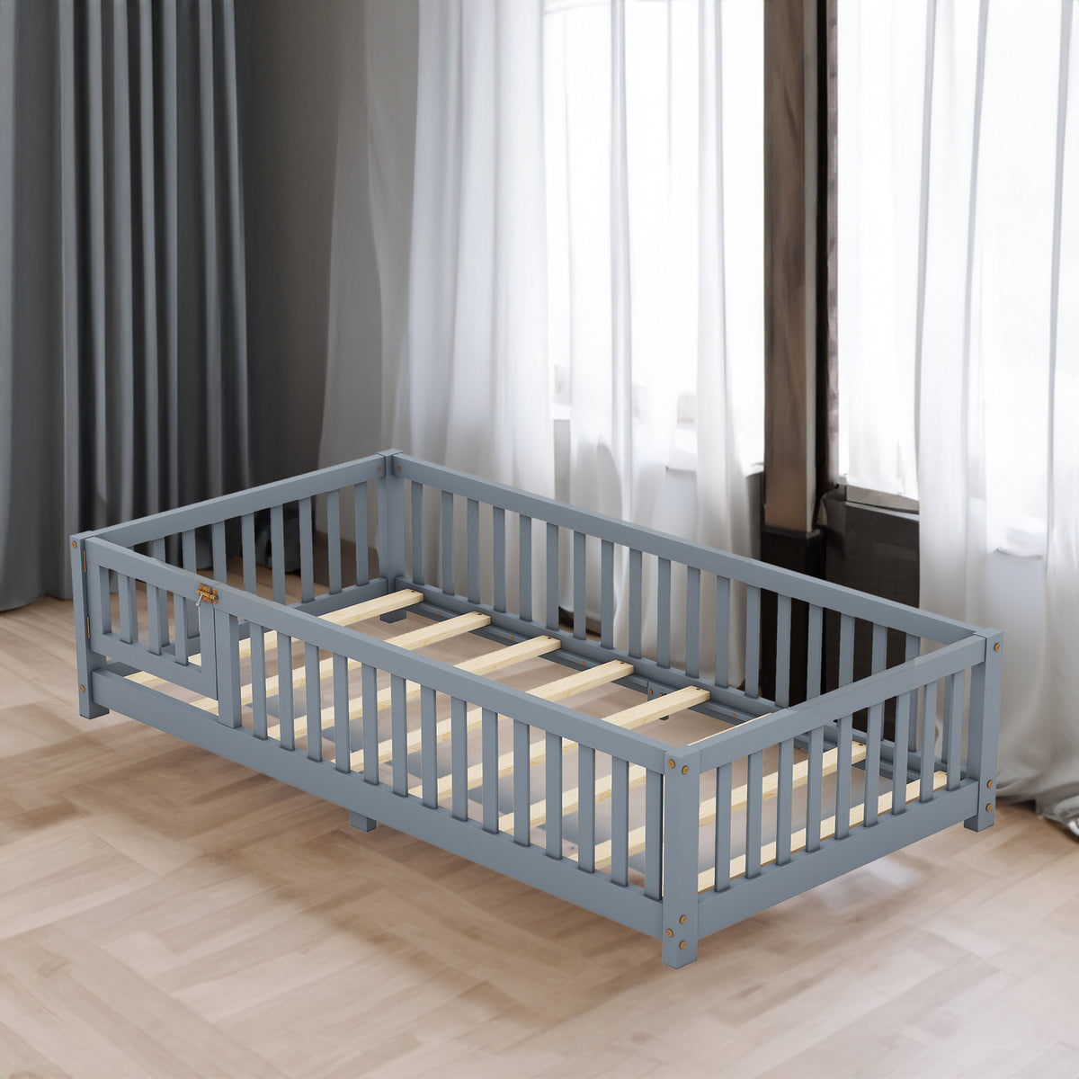 Twin Kids Bed Frame with Safety Rails – Gray
