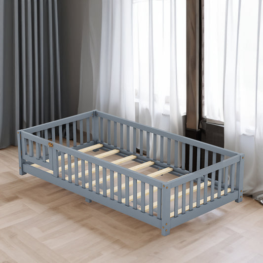 Twin Kids Bed Frame with Safety Rails – Gray