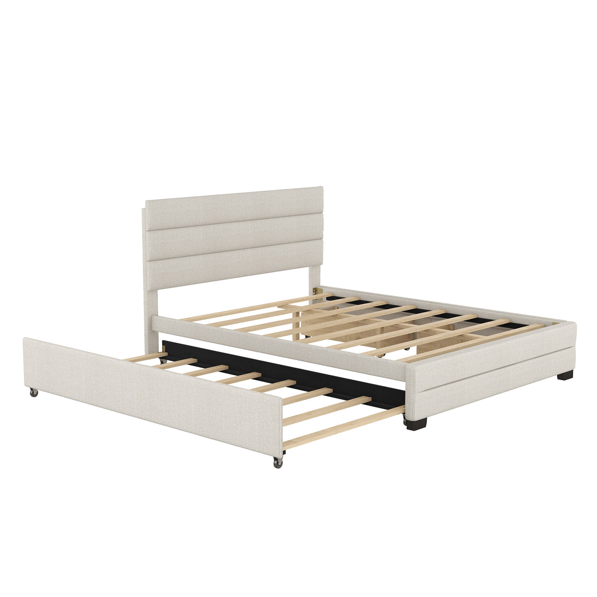 Queen Upholstered Bed with Twin Size Trundle Beige