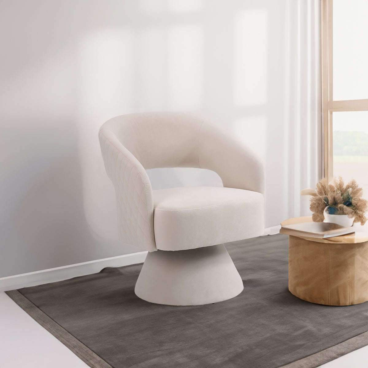 Barrel Swivel Accent Chair – Beige Fabric