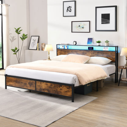 Industrial Storage Bed with LED & USB – Rustic Brown
