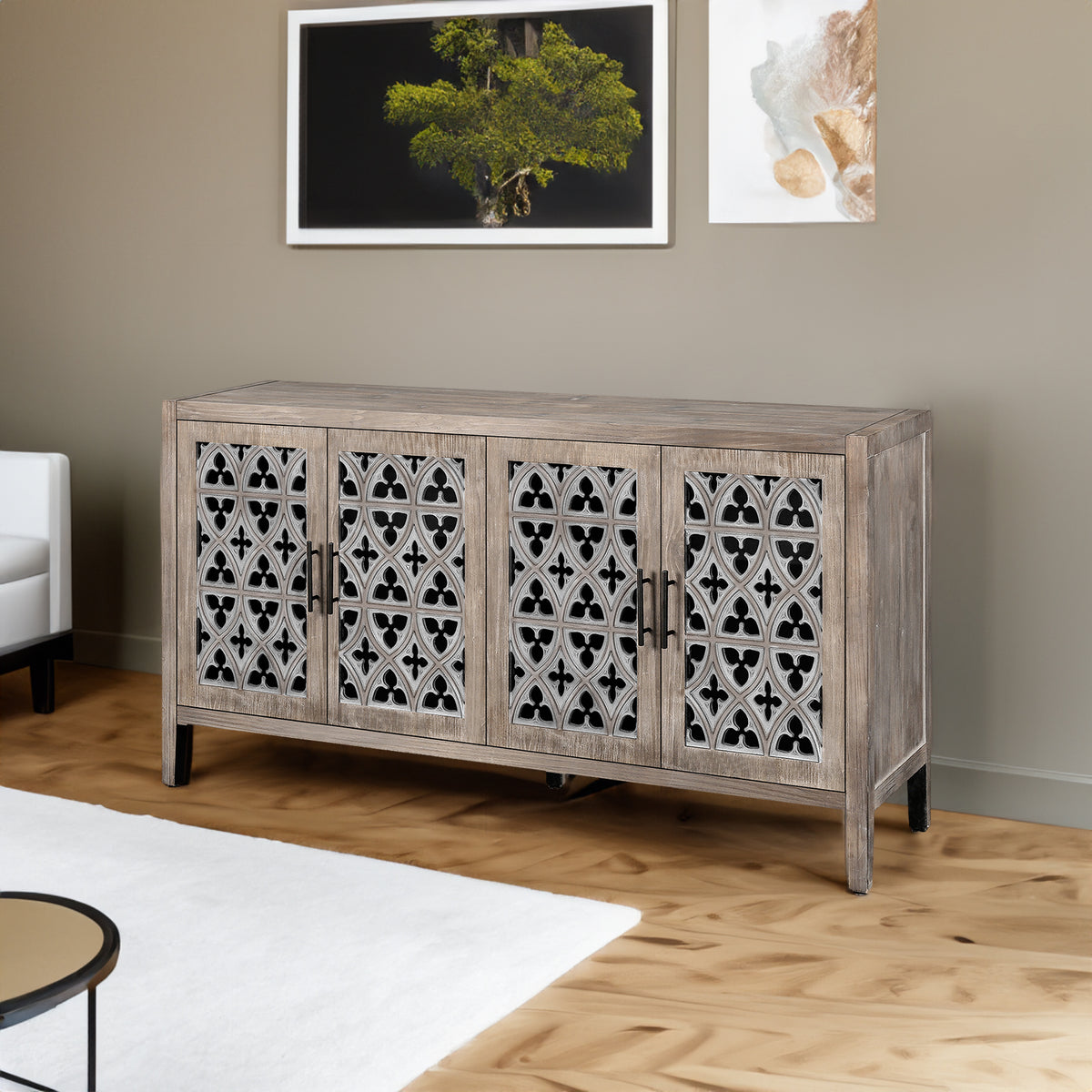 Four-Door Country Media Cabinet with Shelves Brown