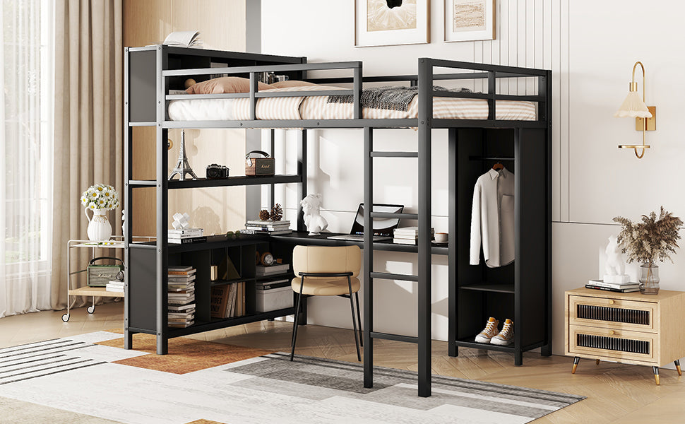 Metal L-Shaped Loft Bed – Black
