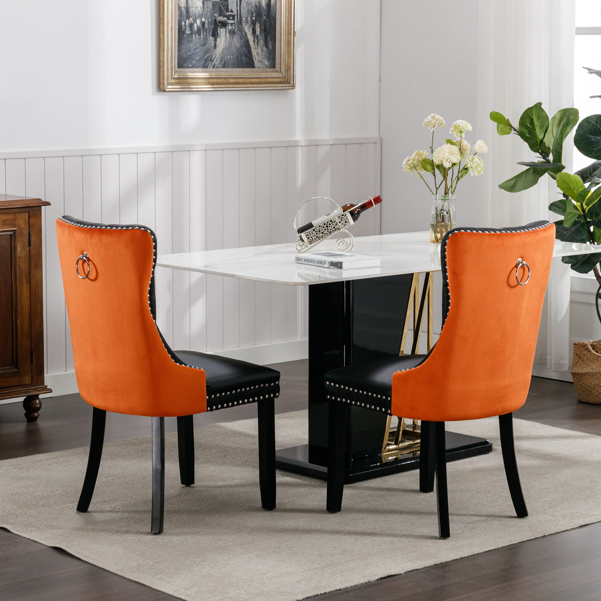 Nikki Tufted Linen Dining Chair Set (2 pcs) – Black and Orange