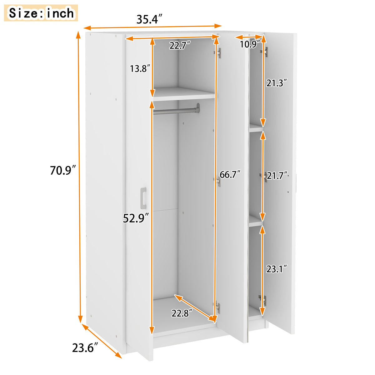 White 3-Door Wardrobe with Center Mirror – Particle Board Closet Organizer with Hanging Space