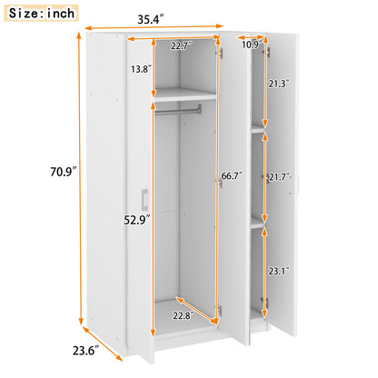 White 3-Door Wardrobe with Center Mirror – Particle Board Closet Organizer with Hanging Space